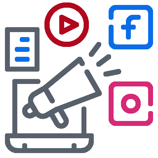 Illustration of digital marketing with icons representing analytics, social media, and advertising, showcasing Kiwi Code's digital marketing services.