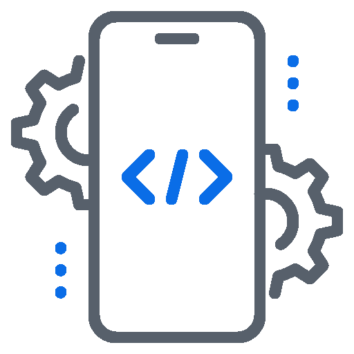 Illustration of app development with a smartphone and coding symbols, representing Kiwi Code's mobile application development services.